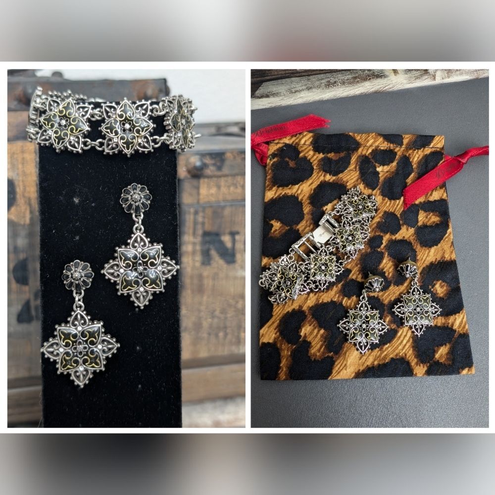 Brighton Vintage Bracelet and Earring  Silver, Gold, Black Enamel, Crystal Rare!